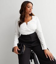 New Look Curves White Slinky Notch Front Long Sleeve Top